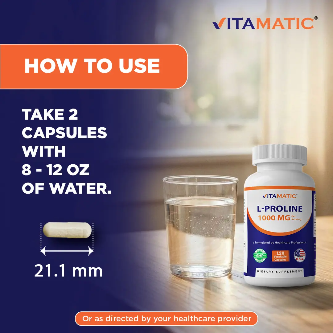 Vitamatic Vitamin L-Proline Dietary Supplement - 1000 MG Per Serving, 120 Vegetarian Capsules, Free Form Amino Acid, Non-GMO, Gluten Free, Made in USA