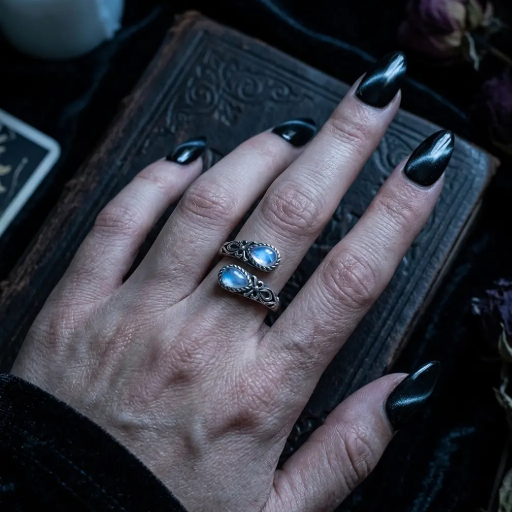 Vintage Boho Moonstone Ring for Women 925 Sterling Silver Teardrop Bypass Ring Adjustable Open Filigree Statement Ring Jewelry Gift
