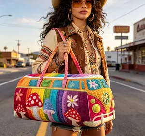 18" Duffle Bag Boho Quilted Mushroom Floral Carry-On Bag, Spacious Summer Travel & Festival Carry-On Retro Hippie Mushroom Bus Duffle Bag Boho Floral Carry-On Bag