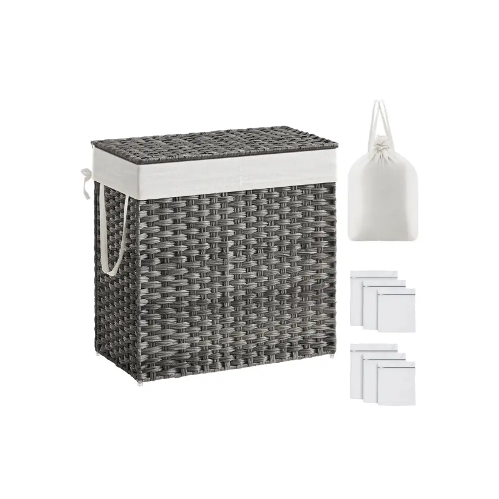 SONGMICS 130L Clothes Hamper with Lid, 2 Removable Liner Bags, 6 Mesh Bags, Wicker, Double Laundry Basket for Bathroom, 13 x 26 x 23.6 Inches