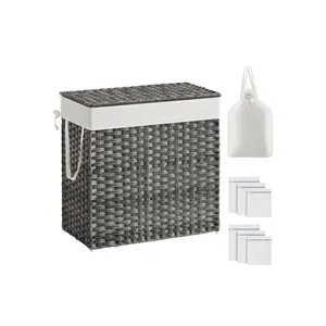SONGMICS 130L Clothes Hamper with Lid, 2 Removable Liner Bags, 6 Mesh Bags, Wicker, Double Laundry Basket for Bathroom, 13 x 26 x 23.6 Inches