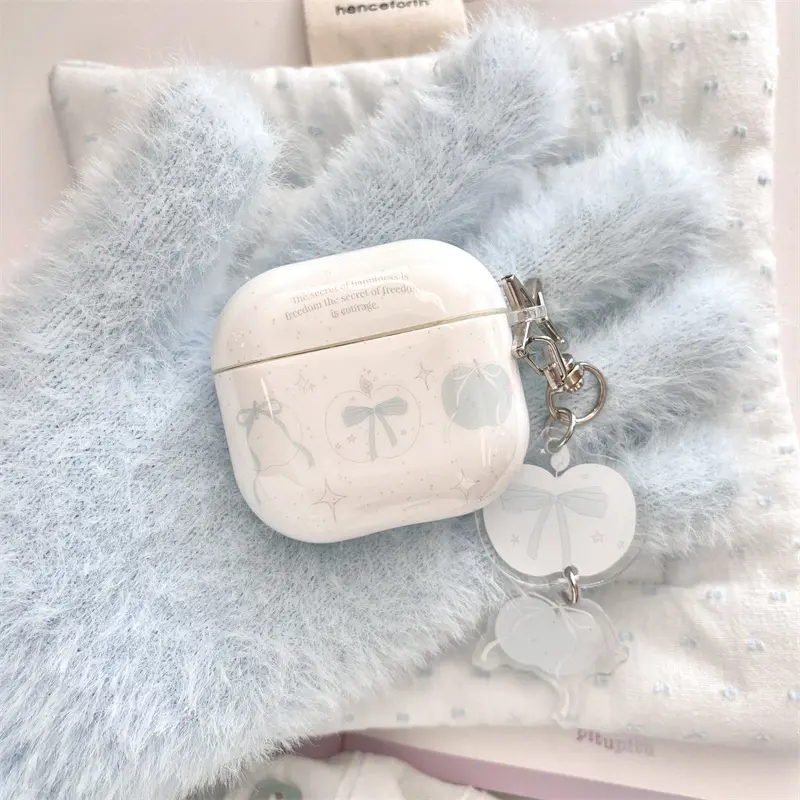 White background splashed ink blue ribbon Apple earphone protective case with ribbon Apple pendant for AirPods 1 2 3 4 Pro Pro2