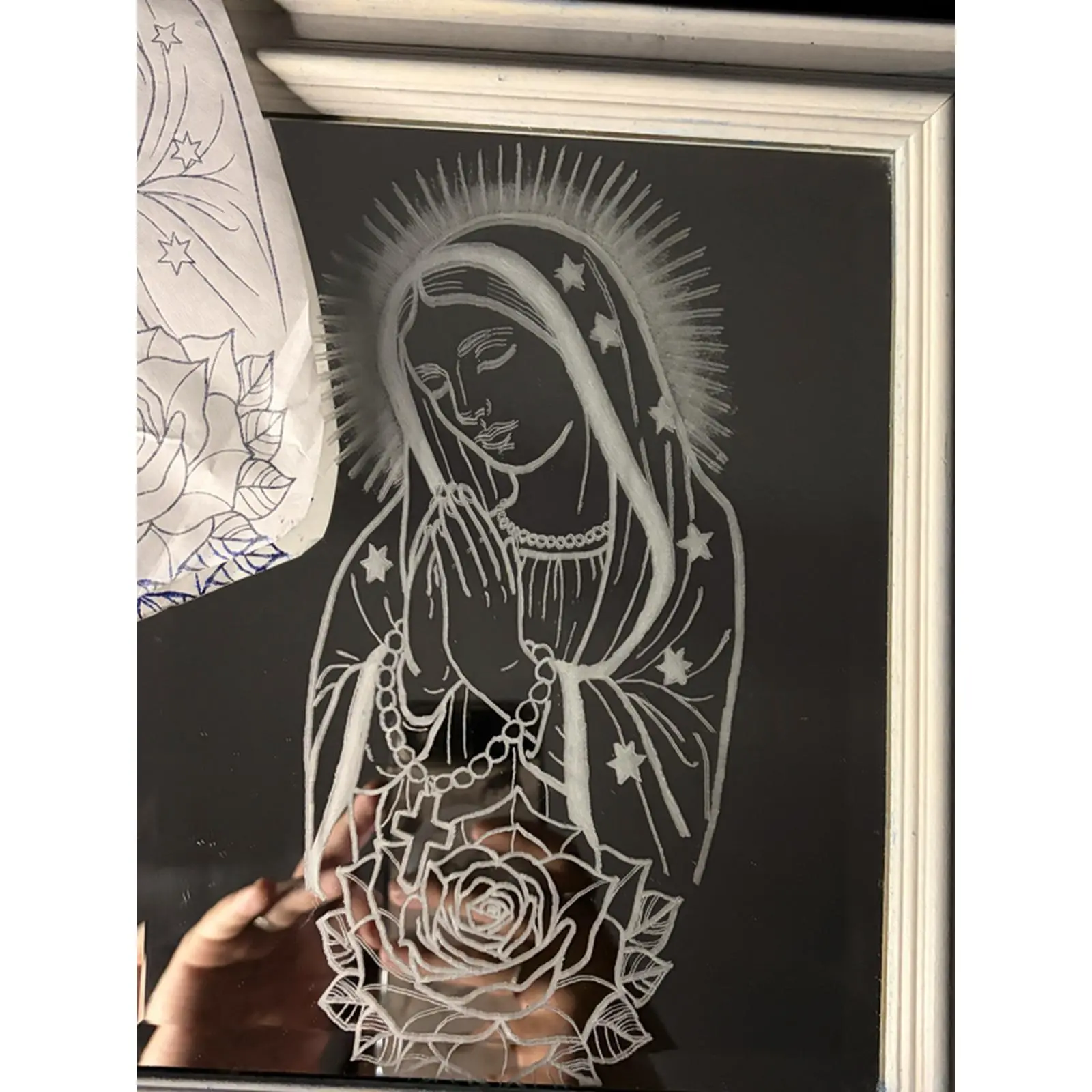 St. Mary Engraved Mirror - Small Decorative Piece with Intricate Design and Floral Motifs