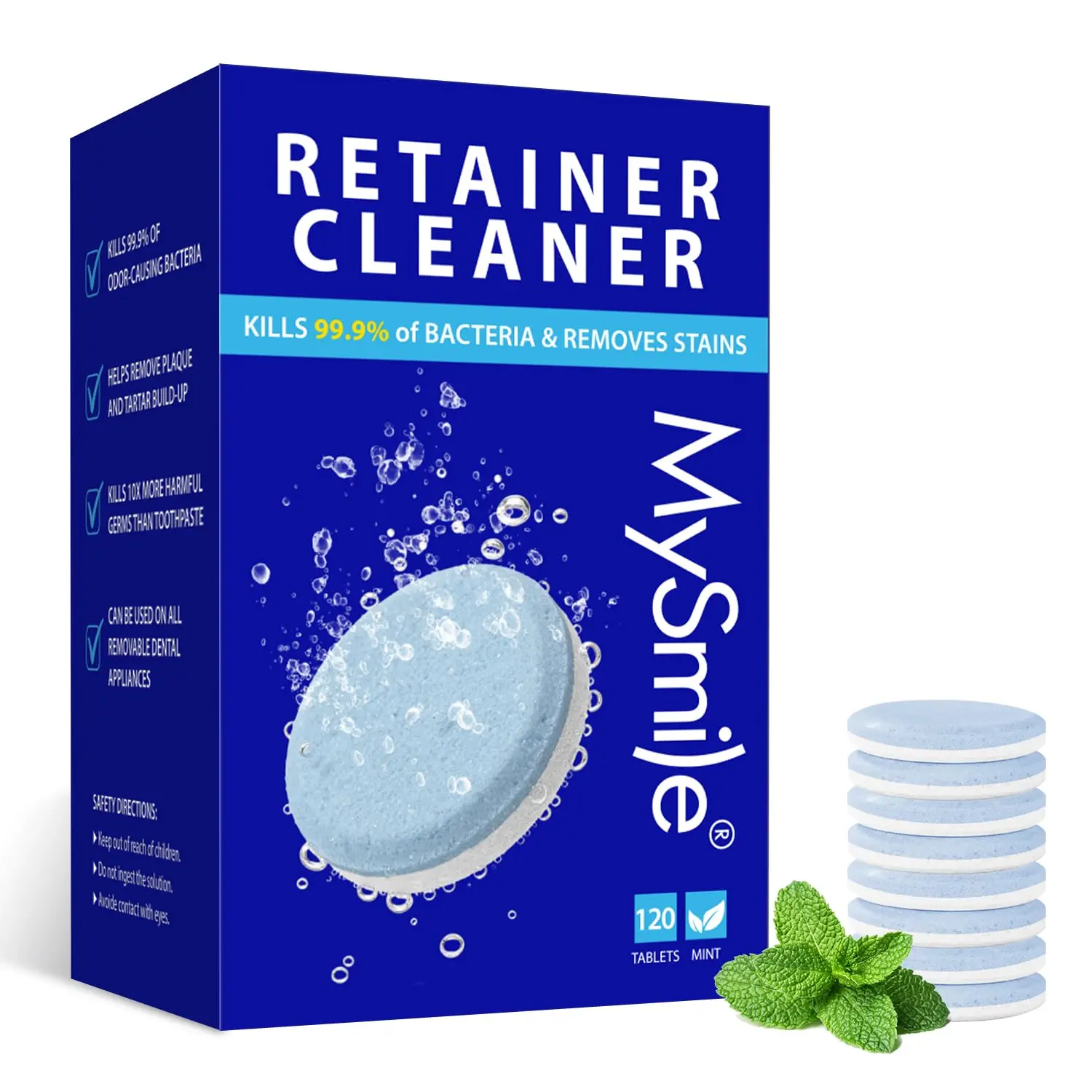 MySmile Retainer Cleaner Tablets, 120 Count - Daily Stain & Odor Remover for Aligners, Retainers, and Dentures, Compatible with Ultrasonic Machines, Mint & Orange Flavor