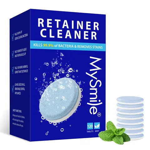MySmile Retainer Cleaner Tablets - 120 Count Gentle Cleansing Denture Care Tool, Stain Remover, Odor Reducer, Antibacterial Oxygen Boost, Peppermint & Orange Flavor, for Aligners, TMJ Devices, Ultrasonic Machine Compatible, Easy to Use, Long Lasting, Rest