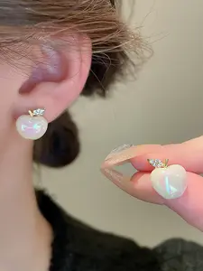 Sweet Apple Fruit Earrings with Rhinestones, 925 Silver Needle Studs, Elegant Jewelry for Women, Perfect Gift Idea