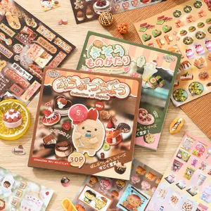 2 types, 1 type with 30 food comic stickers, cartoon geometric pattern themes, minimalist style, paper, self adhesive, DIY journal decoration, scrapbook notebook material stickers