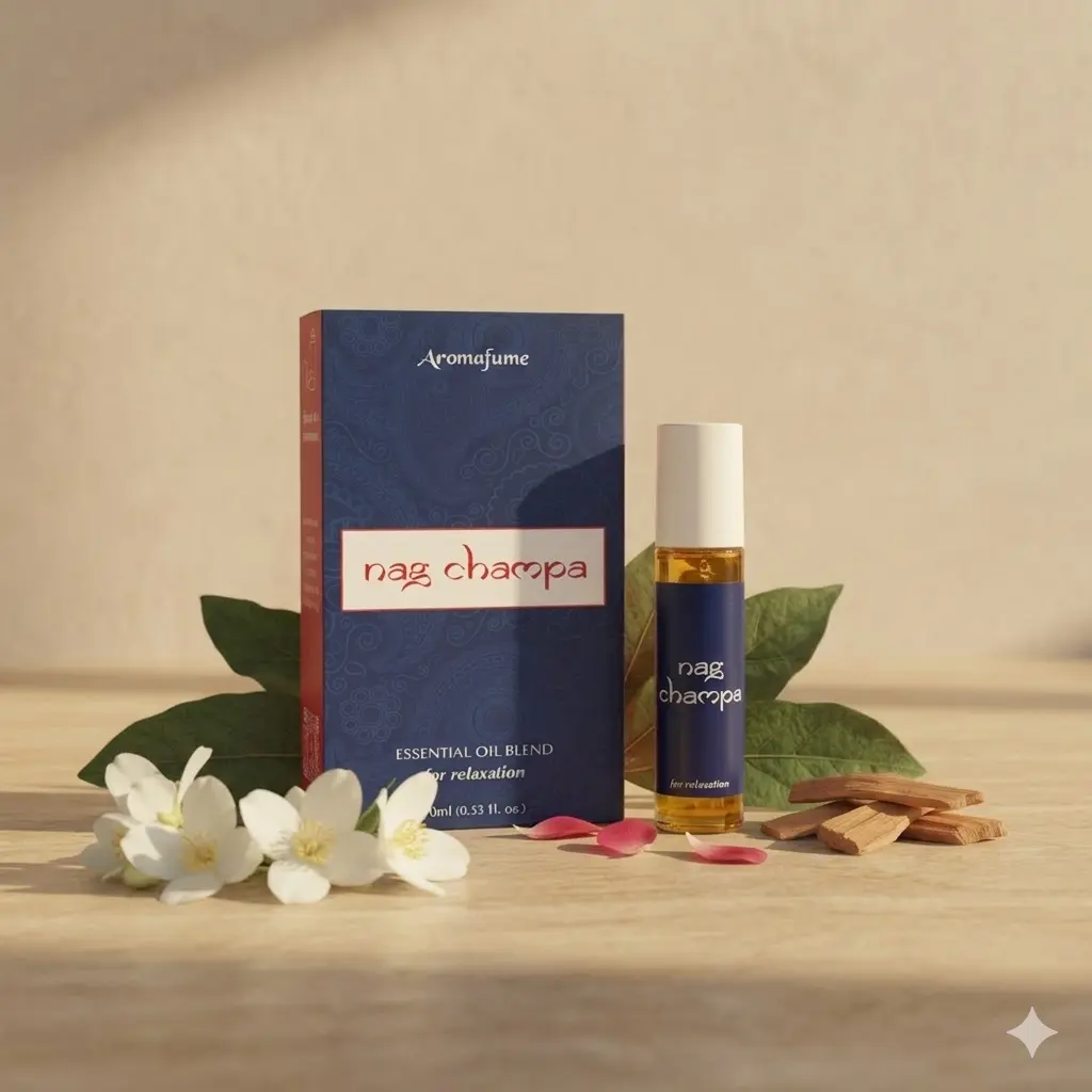 Nag Champa Essential Oil Roll-On Blend by Aromafume | 10ml | Made with Sandalwood, Jasmine, Ylang Ylang & Champa Flower extracts | Ideal for Meditation & Rituals