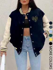 Women's Fall Winter New Baseball Jacket, Aesthetic Letter Print Casual Sporty Outerwear, Fitted Design, Hip Hop Style, Suitable for Daily Wear Womenswear