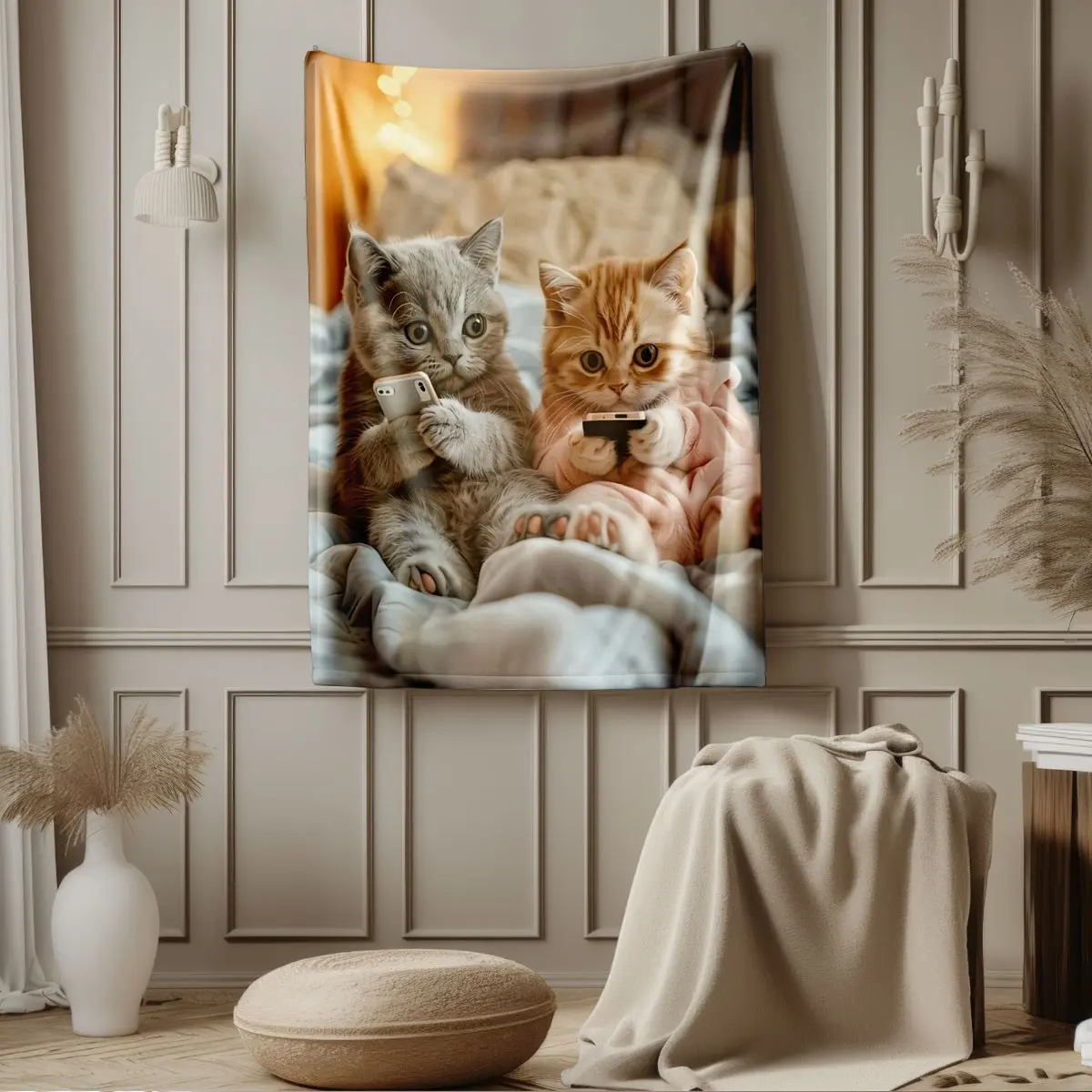 Cute Cat Playing Phone Print Flannel Blanket, Soft Warm Anti-Pilling, Ideal for Nap, Camping, Travel, All Seasons Gift