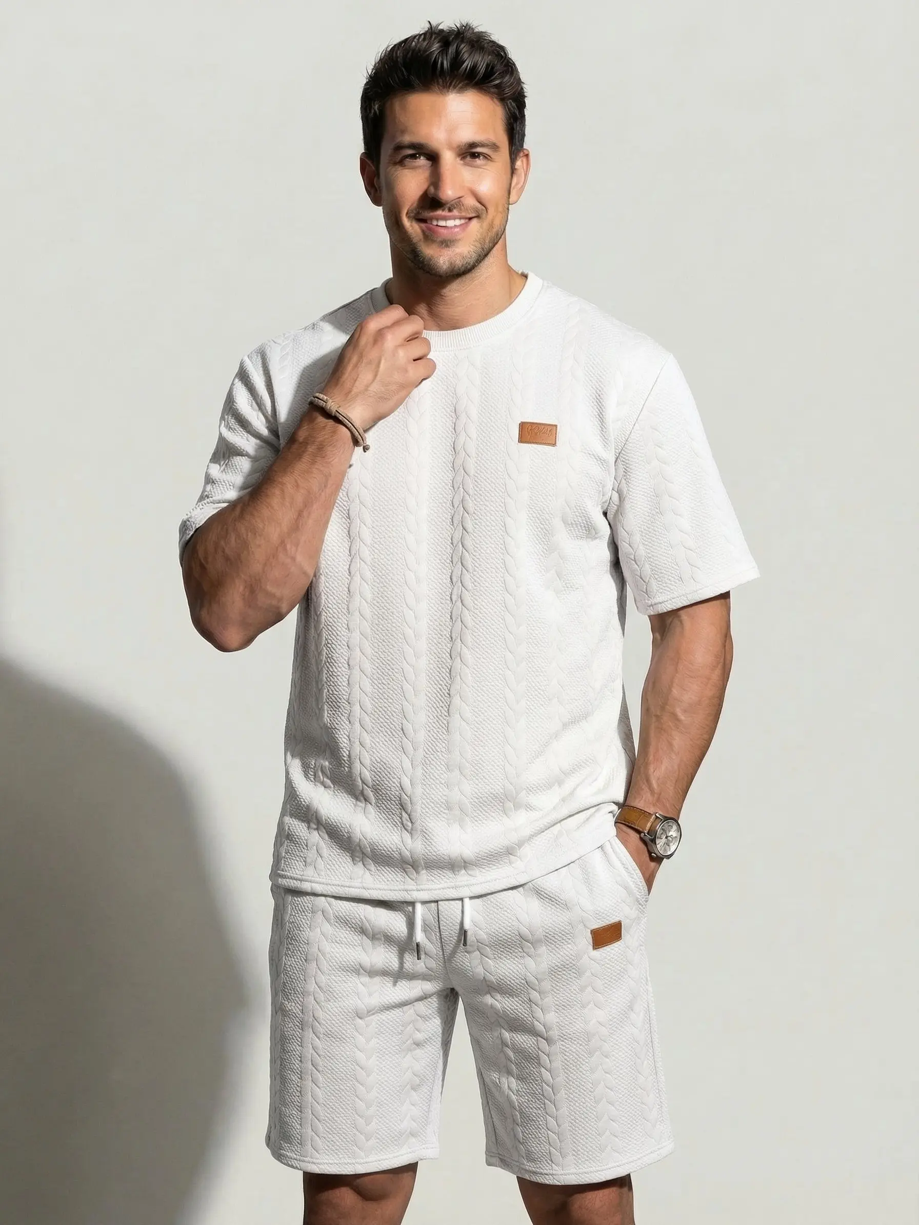 KZZ Menswear 2-Piece Men's Regular Fit Casual Set - Solid Textured Patched Round Neck Short Sleeve Tee, Drawstring Waist Pocket Shorts for Summer
