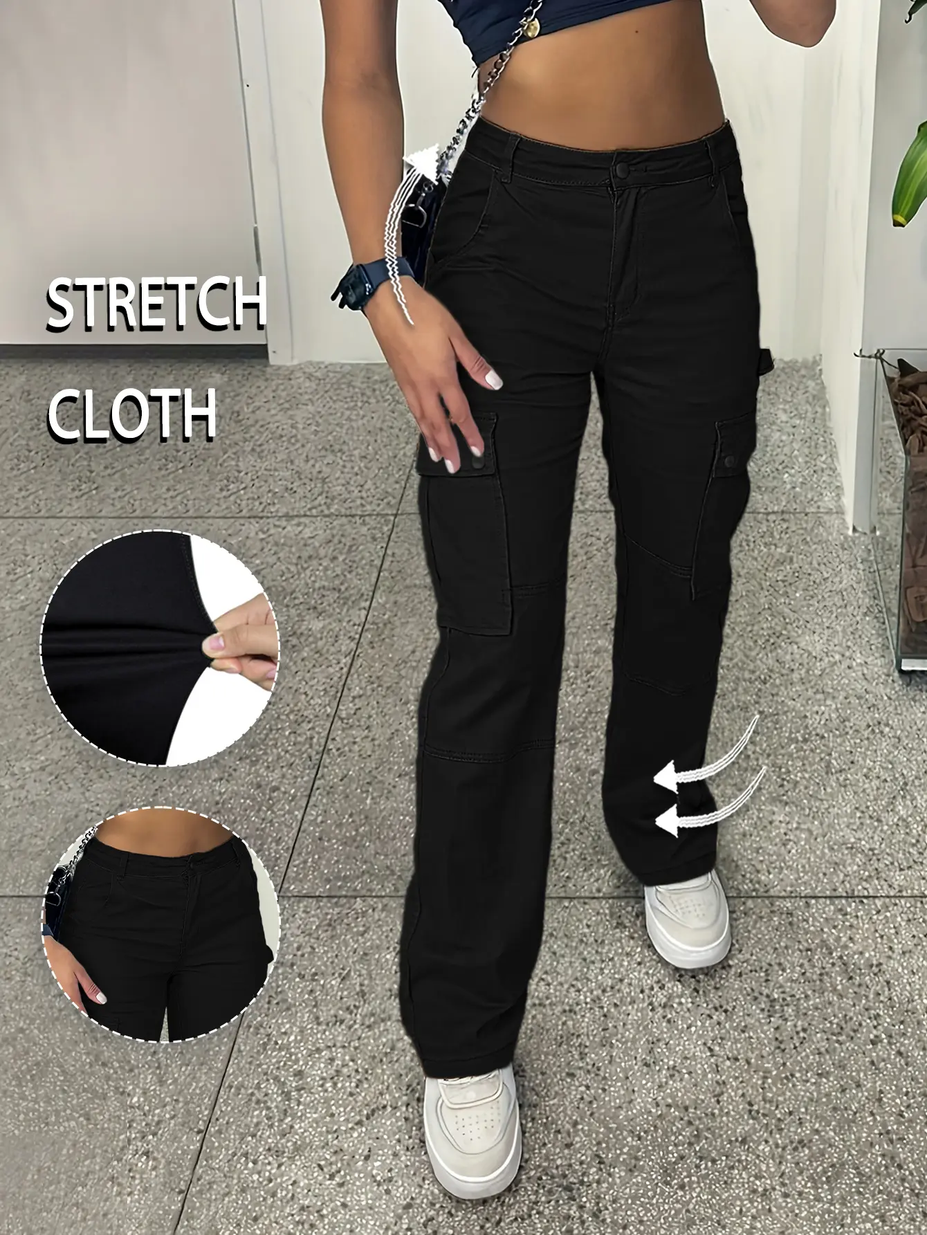 Women High Waist Stretch Multi Pocket Cargo Pants Slim Bootcut Flare Work Pants Casual Streetwear Black Trousers