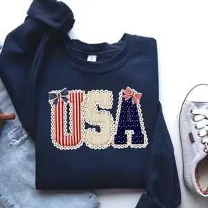 Faux Patchwork USA Sweatshirt: Coquette Patriotic Bow Crewneck, Printed Lace Letters 4th Of July