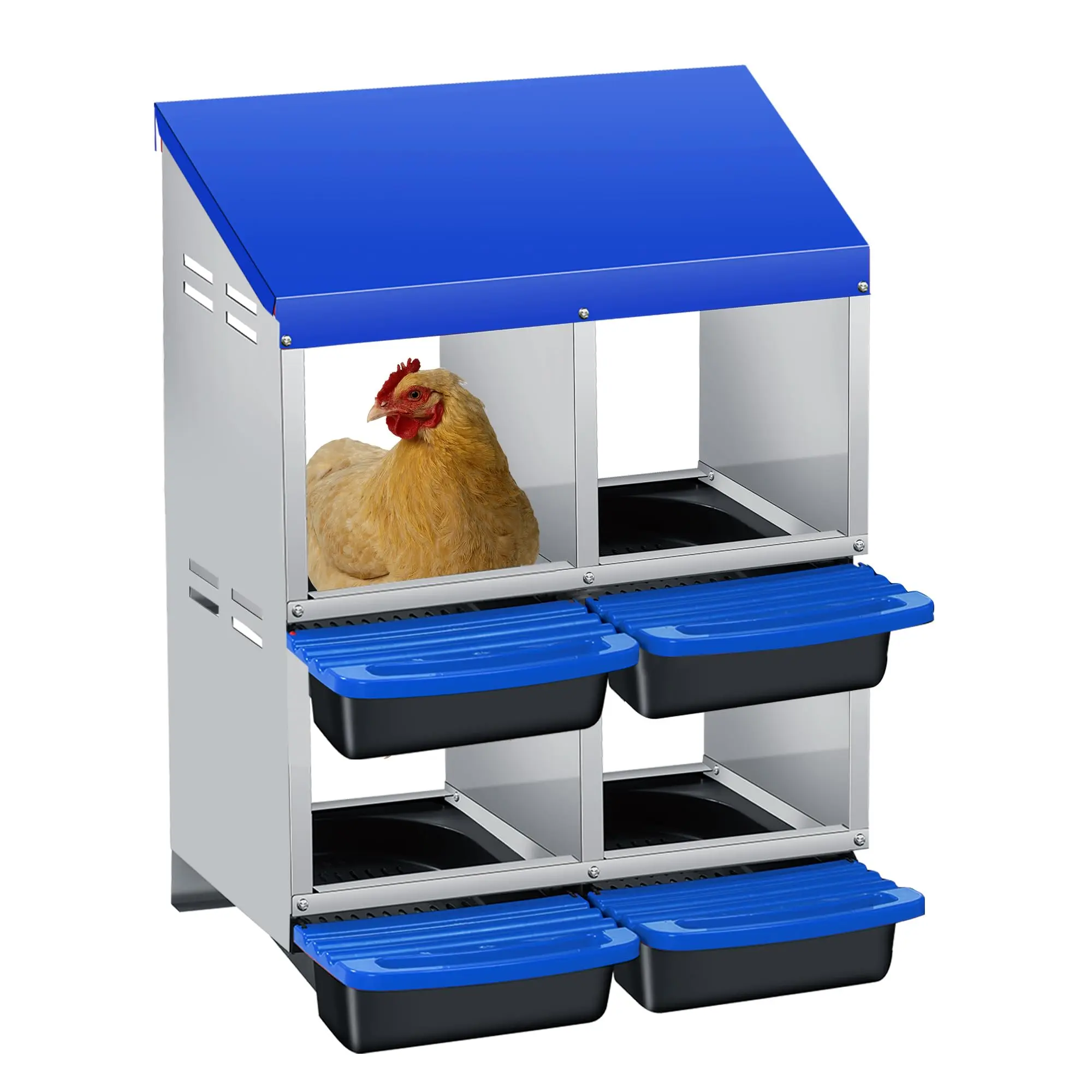 Chicken Nesting Boxes with Cleanable Pull-Out Trays, 4-Hole Wall Mount Roll Away Nest for Easy Cleaning & Egg Collection,Blue