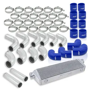 Universal 2.5" 12 Pieces Aluminum Piping Kit Polished (x2 Straight / x6 90 Degree Long / x4 90 Degree Short) + Silicone Couplers Blue + Universal Aluminum Intercooler (Bar & Plate | Overall: 27.5" x 7.0" x 2.5" | Core: 21.5" x 7.0" x 2.25")