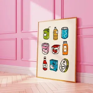 Funky Grocery Items Poster, Colorful Food Art Prints, Cute Kitchen Wall Decor, Apple Juice, Tuna Can, Strawberry Yoghurt, Cereal Poster, Unframed