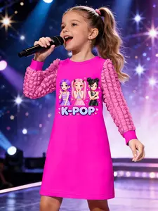 Girls' Energetic K-POP Dress: Chibi Idol Girls Funny Gesture Print + Heart K-POP Letter + Soft Skin-Friendly Fabric, Sweet & Lively, Perfect for School & Leisure