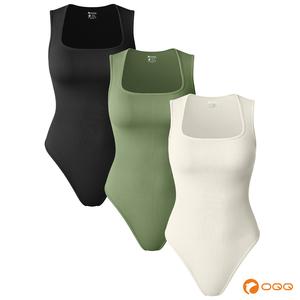 OQQfitness Womenswear Three-Piece Ribbed Square Neck Tank Bodysuit with Fitted Design, 90% Nylon 10% Spandex, Comfortable and Stylish for All Seasons,summerwins,summeroutfits,vacationoutfits,beachoutfits