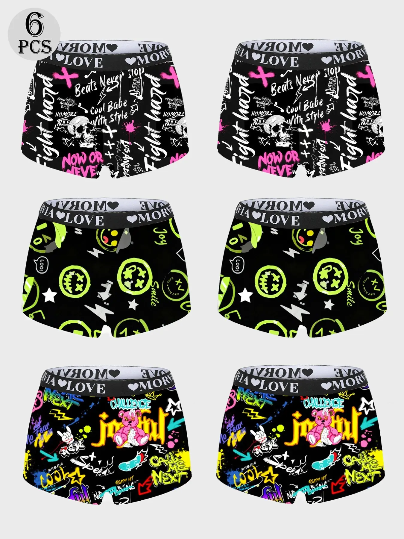 Morvia 6-Pack Women's Underwear, Printed Underwear, Street-Art Graffiti-Print Boyshort Panties, Fitted Panties, Stretchy Soft Ladies Undies, Intimates Panties, Punk Y2K Multipack, All Season Underwear, Everyday Comfort