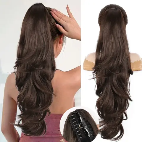 Brown Ponytail Extension, Drawstring Ponytail Extension for Women Long Brown Wavy Layered Pony Tails Hair Extensions 26 Inch Synthetic Clip in Ponytail Hairpiece for Women(Medium Brown)