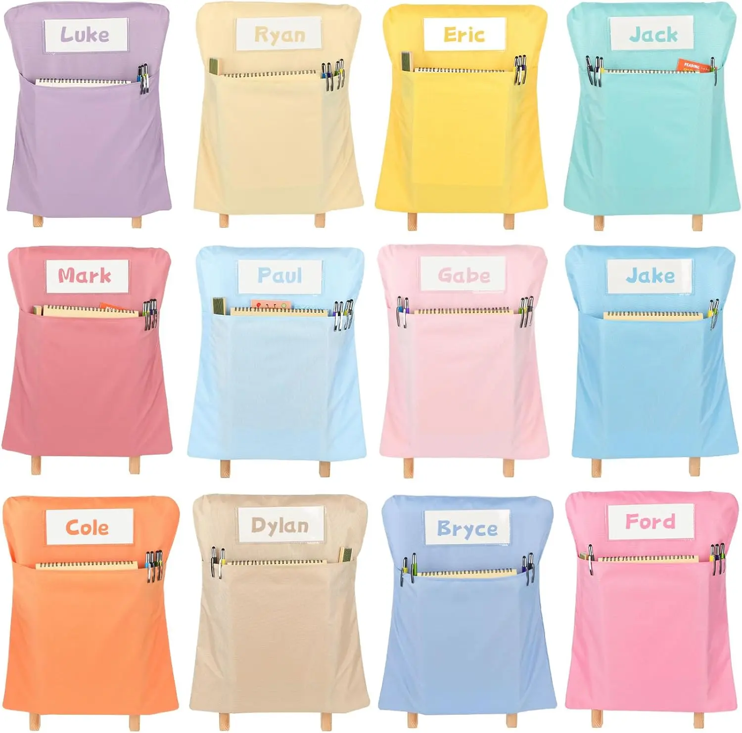 12 Pcs Chair Pockets for Classroom 17x20 Inch Classrooms Seat Sacks with Name Tag Classroom Chair Pocket Storage for Keeping Student Books School Table Organized