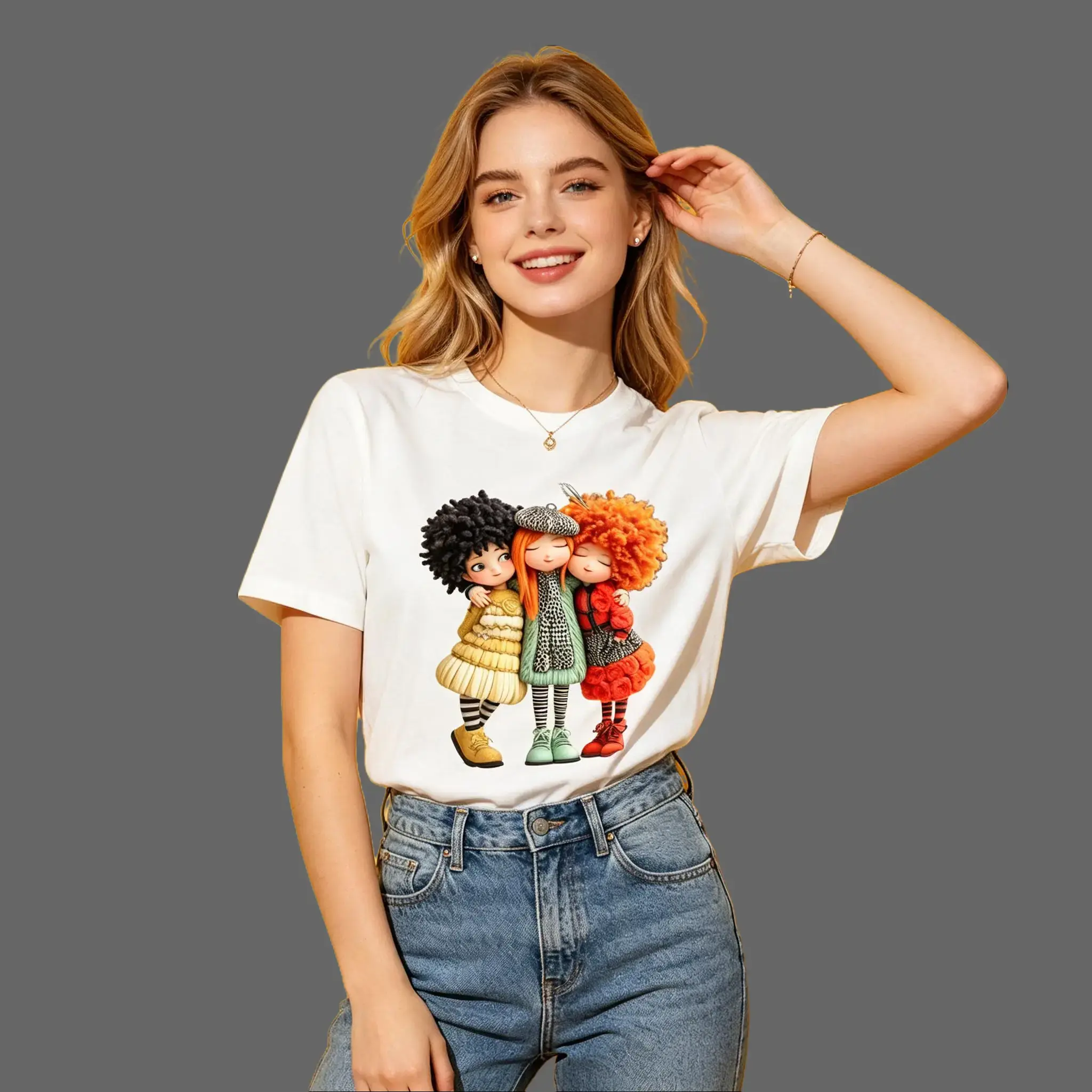 Women's Plus Size Cute Oversized Short Sleeve Cotton T Shirt Soft Breathable Round Neck Top with 3 BFF Doll Graphic Vintage Squad Print Curvy Fit Crewneck for Casual Summer Matching Outfits Love Womenswear
