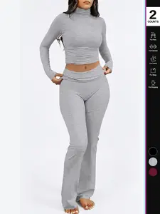 Women's Two-Piece Set Long-Sleeved Top & Elastic-Waisted Pants, Casual Breathable for Autumn Winter Everyday Wear