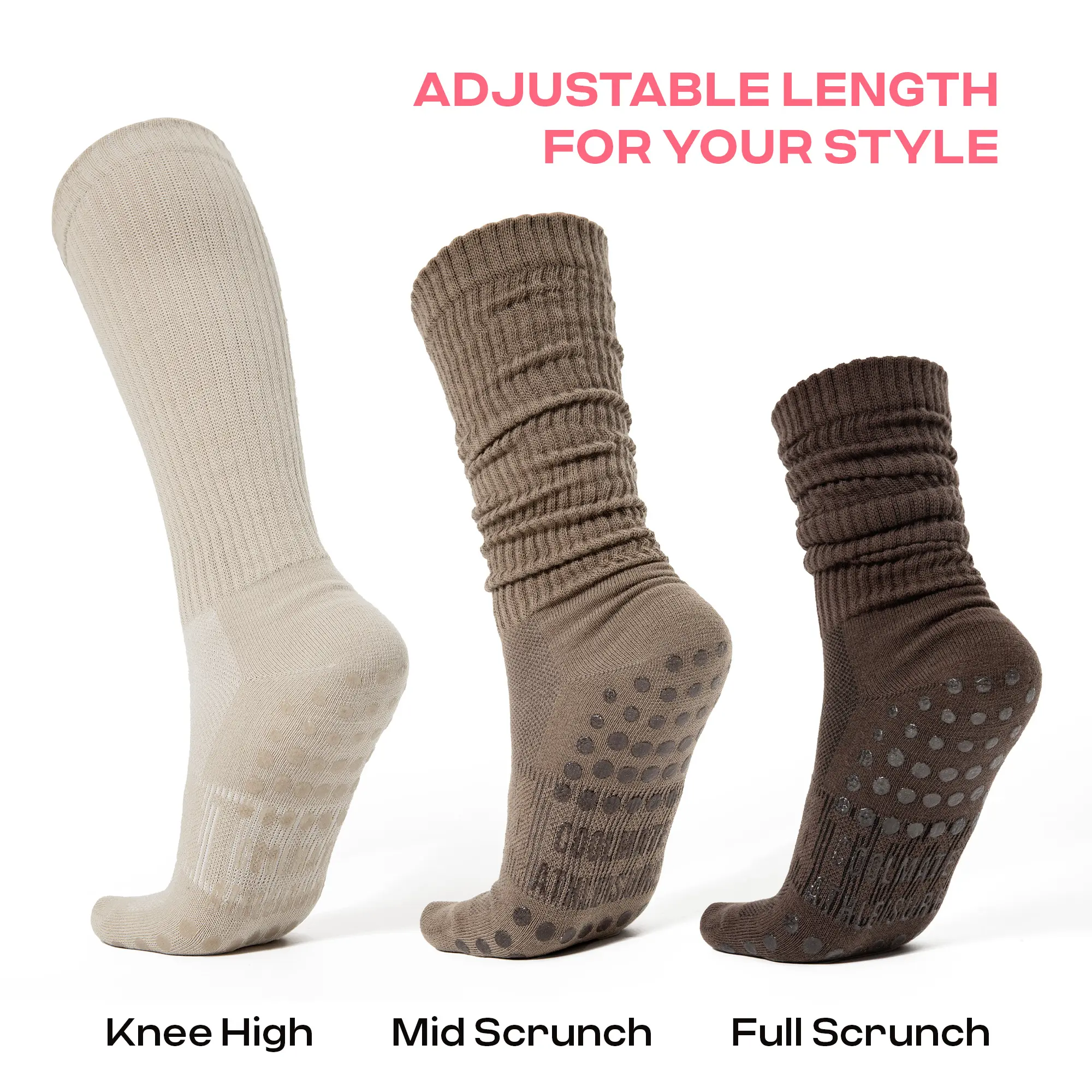 CoolMate Pilates Socks with Grips for Women, Yoga Socks, Crew Non Slip Women for Barre, Pilates Gifts (US, Numeric, 6, 10, Regular, Regular, A-11. 3 Pairs Slouch Brown/Light Brown/Beige)