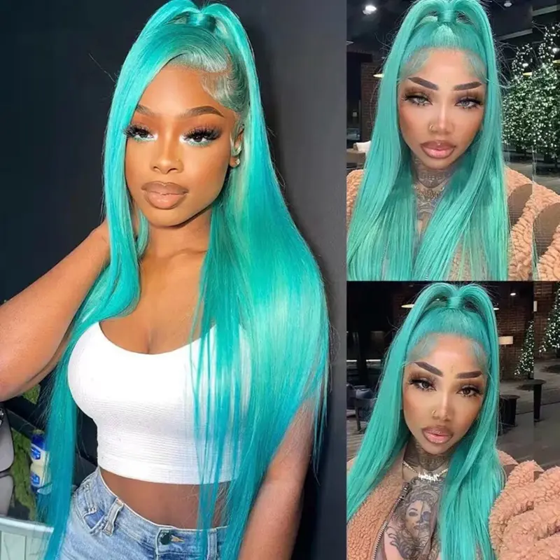 210% Density Customized Mint Blue Colored HD Transparent 13x4 13x6 Lace Front Human Hair Wig Brazilian Straight Hair