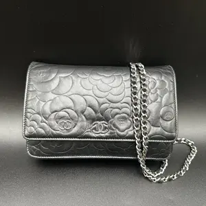 Pre-owned CHANEL lambskin leather Crossbody Bags Lambskin Camellia Wallet on Chain WOC Black Silver hardware