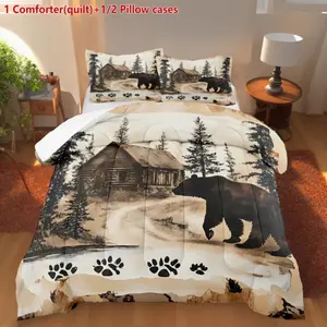 Rustic Style Quilt Set with Log Cabin Moose Bear Print, Soft Comfortable Bedding, Bedroom Guest Room Dorm Decor, 3 Piece (quilt + Pillowcases)