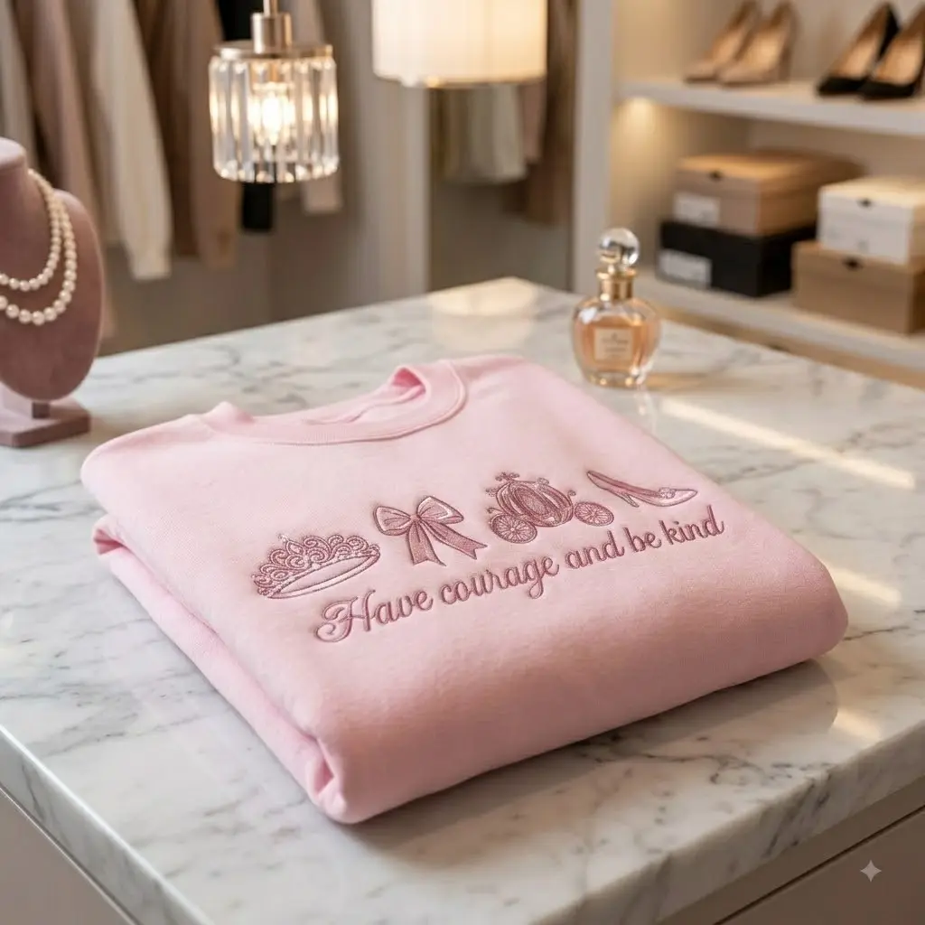 Embroidered Have Courage and Be Kind Sweatshirt, Crown Bow Carriage Glass Slipper, Princess Inspirational Crewneck, Magical Gift