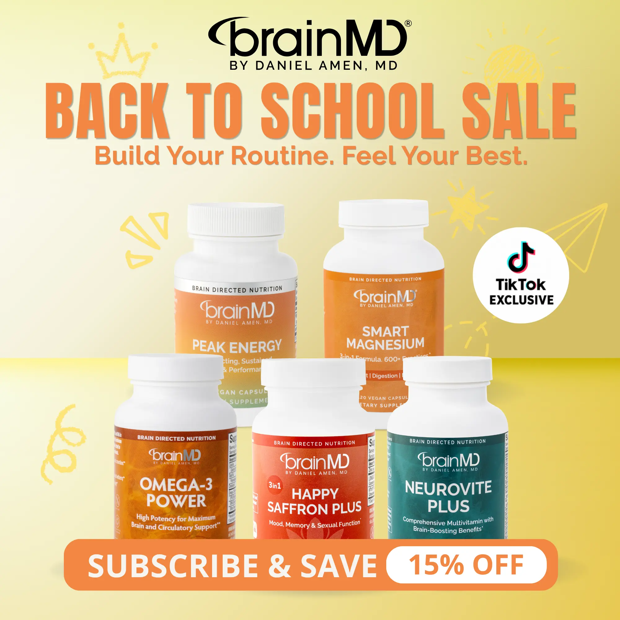 Dr. Amen's Fave 5 Bundle | BrainMD | 5 Products | Brain & Whole-Body Wellness Support | Mood, Focus, Energy & Sleep Support | affron Saffron, Omega-3 EPA/DHA, Multivitamin, Magnesium & PEAK ATP