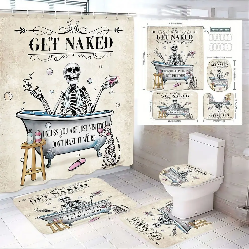 4pcs Vintage Skeleton Humor Bathroom Decor Set with "GET NAKED" Shower Curtain, Skeleton Bathtub Scene, Clawfoot Tub & Bubbles, Spooky Bath Mat, Contour Rug, and Toilet Lid Cover for a Playful Halloween Touch in Your Bathroom