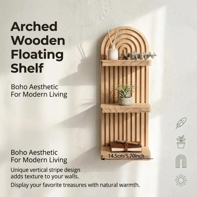 Bohemian Style Arched Vertical Wood Floating Shelf, Three-Tier Pine Wood Wall-Mounted Storage Rack, Living Room Bedroom Decor Display Stand