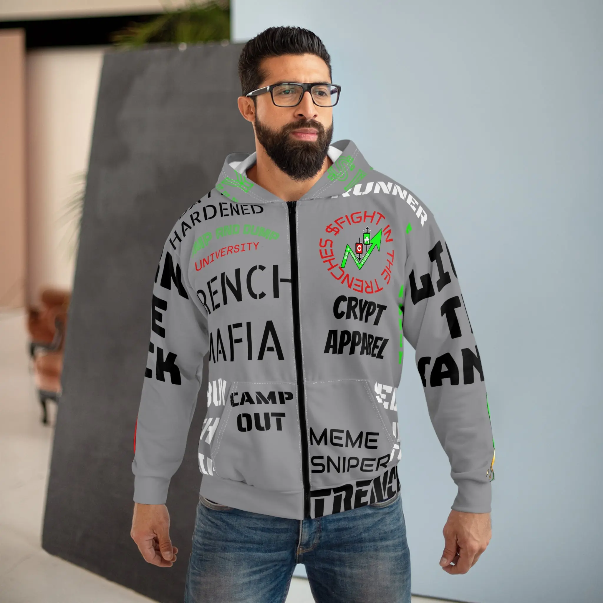 The Trenches Graphic Zip Hoodie — Crypt Apparel AOP Crypto Design
