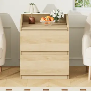Bedside Table with 2 Smooth Drawers, Anti-Fall Guardrail Nightstand, Modern Handleless Side Cabinet for Bedroom Living Room Office, Light Wood