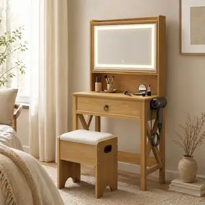24" Small Farmhouse Vanity Desk with Lighted Mirror & Charging Station, Rustic Brown Makeup Table Set with Stool, Hidden Storage & Top Shelf, Industrial X-Frame Compact Dressing Desk