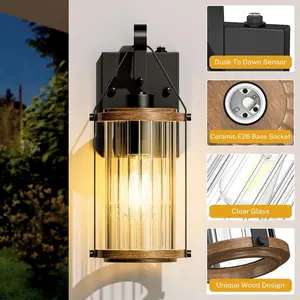 NookNova Dusk to Dawn Outdoor Light, Front Porch Light Waterproof Exterior Lighting Fixtures Wood Effect Glass Modern Outside Light for House, Patio, Yard, Garage Black 1 Pack