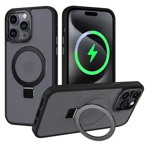 For iPhone 16 Pro Max 15 Pro Max 14 Pro Max Plus 13 Pro Max Case with Mag safe Wireless Charging Stand Matt Hard Ring Clear Cover Magnetic Protection Holder Smartphone Cellphone Casing Protective Shockproof