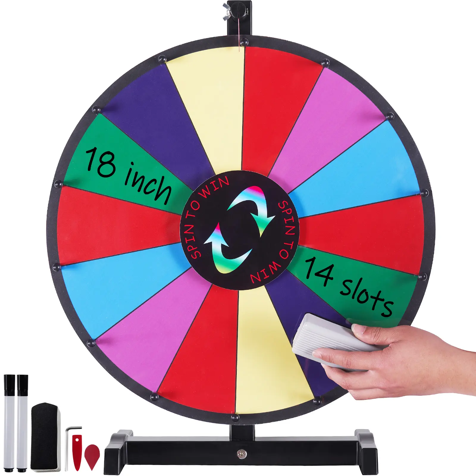 Spring New Arrivals 18-in Heavy-Duty Round Spinning Prize Wheel Complete Kit, 14 Colorful Customizable Slots Tabletop Roulette Wheel with Dry Erase Board & 2 Markers, Clicking Sound for Party, Carnival Spin Games
