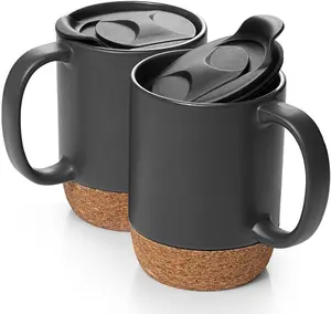 Coffee Mugs, 15 oz Mug Set of 2, Large Ceramic Coffee Mug with Cork Bottom and Spill Proof Lid for Mom Dad, Big Mug for Coffee Latte Tea