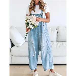 QYGOOD Women'S Casual Denim Overalls Loose Adjustable Strap Distressed Bib Jeans Overall Jumpsuits With Pocket