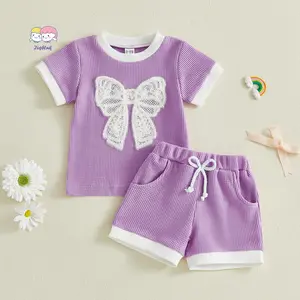 Girls Summer 2 Piece Outfits Bow Embroidery Round Neck Short Sleeve Tops and Elastic Waist Shorts Set