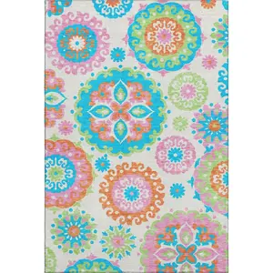 HomeRoots 664085 9x12 ft. White, Orange & Teal Medallion Mandala Washable Machine-Made Rectangle Area Rug with UV Protection, Mandala Area Rugs
