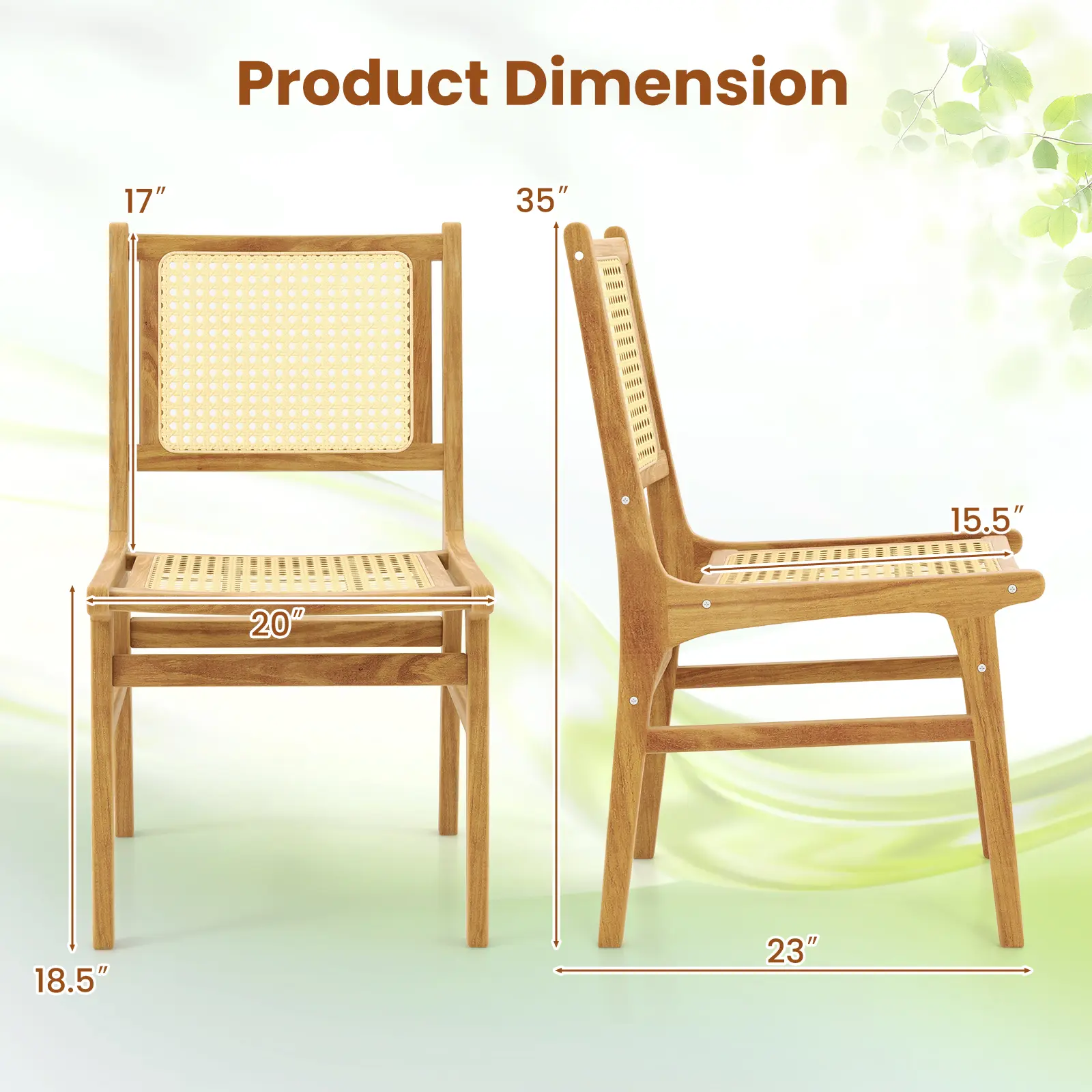 COSTWAY - Rattan Dining Chair with Natural Cane Woven Backrest and Teak Wood Frame