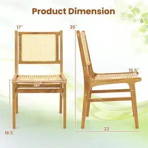 COSTWAY - Rattan Dining Chair with Natural Cane Woven Backrest and Teak Wood Frame