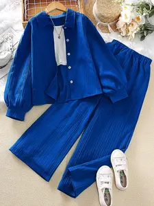 Two-Piece Set Girl's Solid Textured Button Front Shirt & Elastic Waist Wide Leg Pants Set, Casual Long Sleeve Collared Top & High Waist Trousers for Fall & Winter, Kids Clothes for Daily Wear