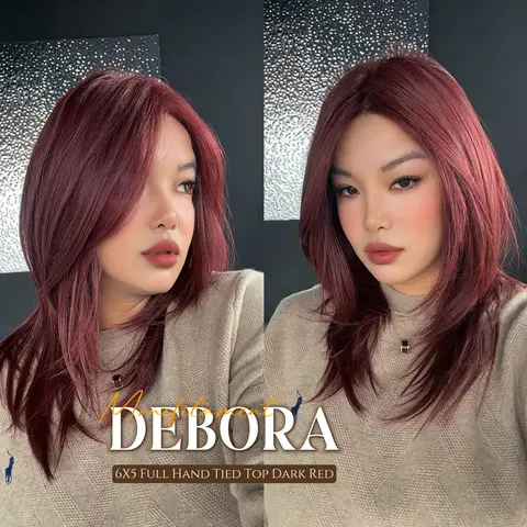 JBEXTENSION DEBORA MONO Monofilament Handmade Wig 6X5 Full Monofilament Hand Tied Top Wig 20 Inches Dark Red Mono Lace Wig With Anti-slip Silicone Strips Glueless Wig DEBORA MONO【BENDY EAR TABS】