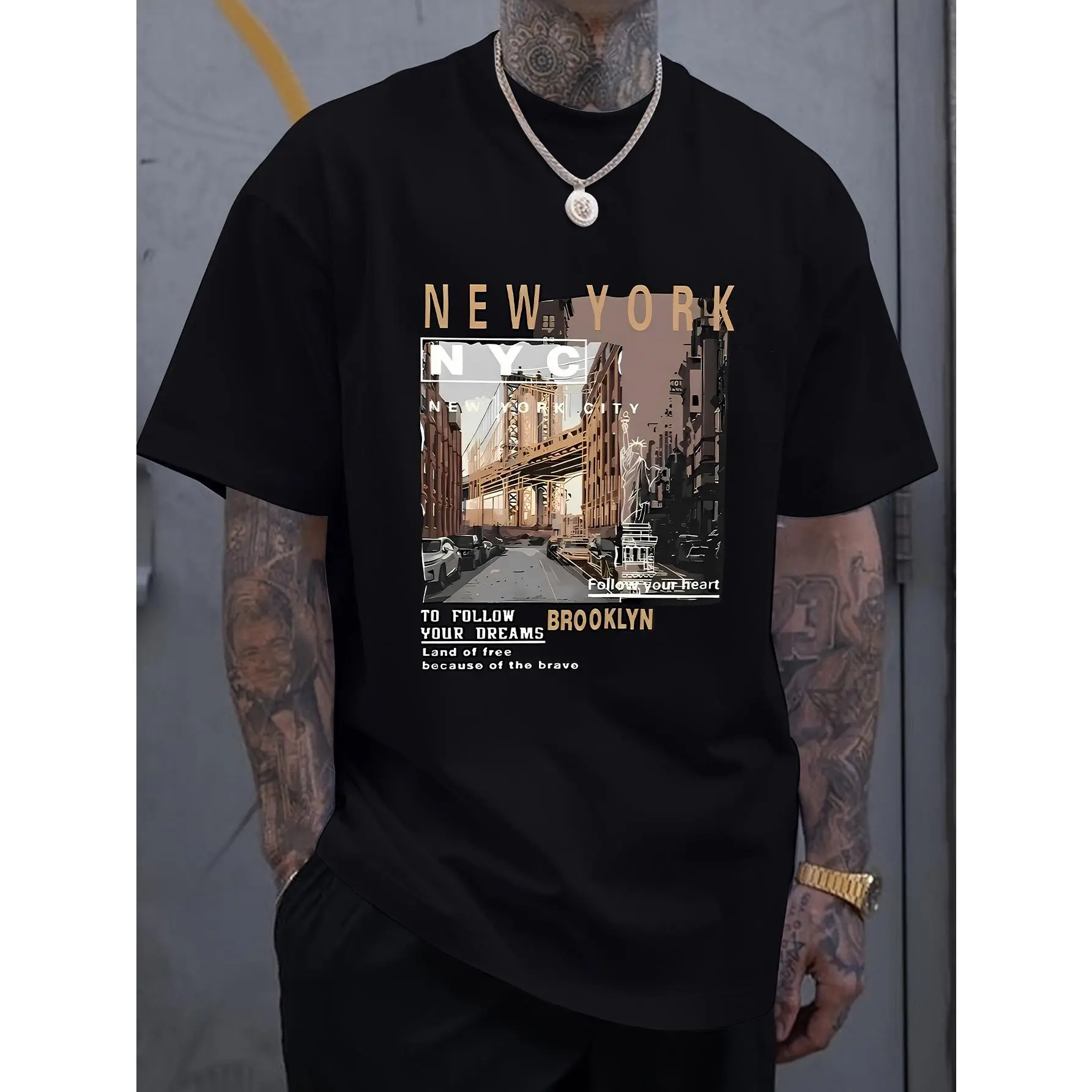 Cotton short sleeve T-shirt 1 MEN'S casual cotton T-shirt, New York City Print-short sleeve, round neck, regular style, stretch knit fabric, fashionable for daily wear